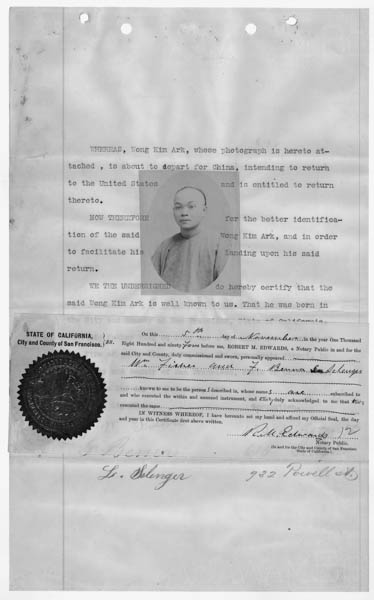 1882 Chinese Exclusion Act halts Chinese Immigration to US_1882-1892 Sworn_Statement_of_Witnesses_verifying_Departure_Statement_of_Wong_Kim_Ark_NARA