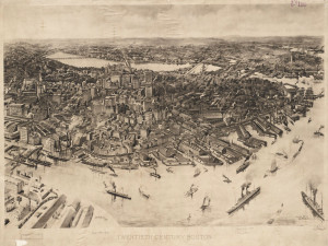 A 1905 bird's eye view of Boston's harbor, the second busiest port of entry for new immigrants at the time. 
NORMAN B. LEVENTHAL MAP CENTER AT THE BOSTON PUBLIC LIBRARY
