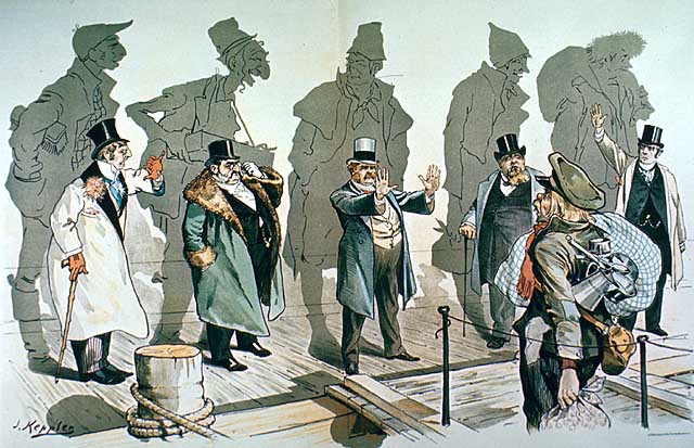“Looking Backward,” an 1893 political cartoon from the magazine Puck  (courtesy of Michigan State University Museum)